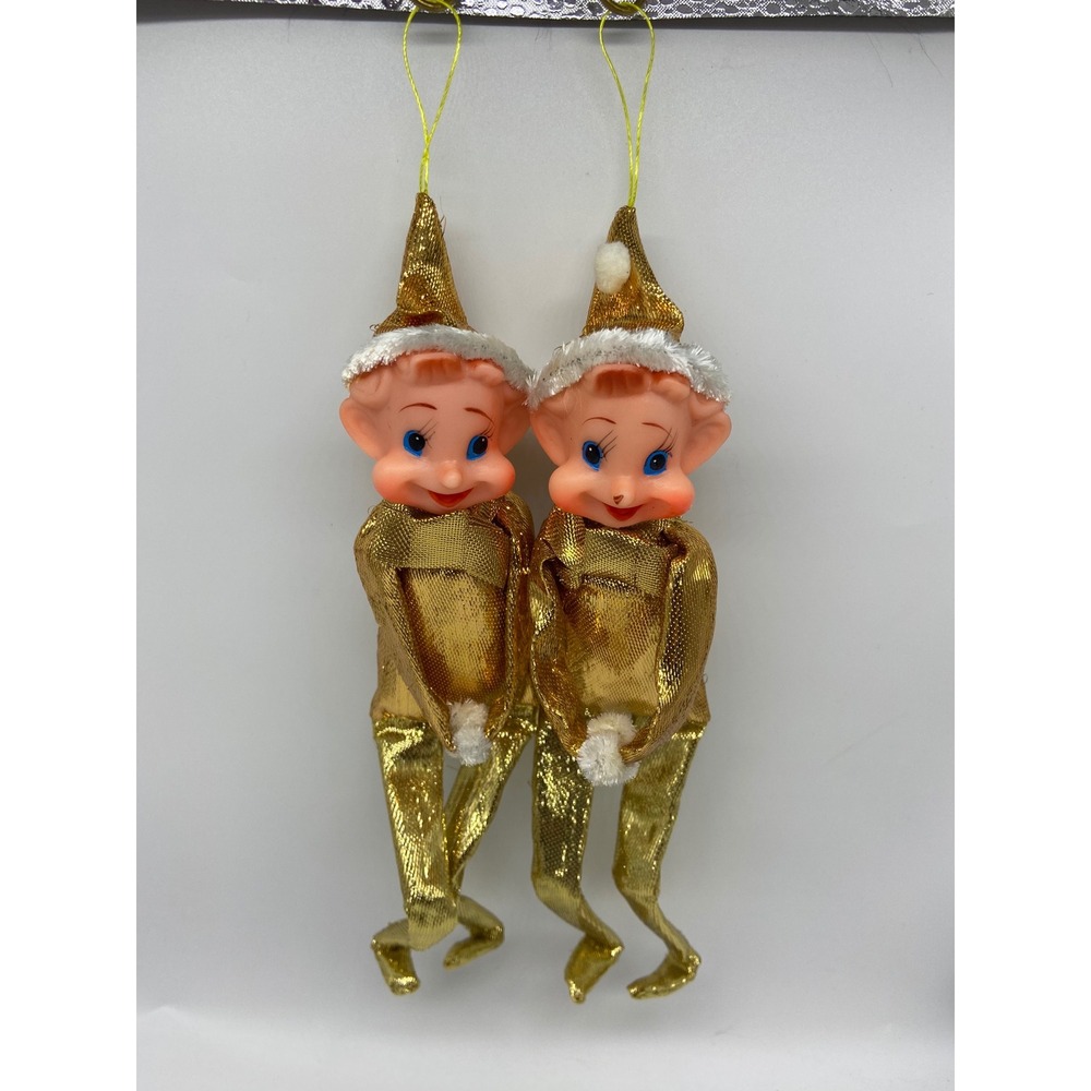 Vintage Defta Japan Gold Christmas Elf Ornaments Pair Metallic Knee Hugger 8in